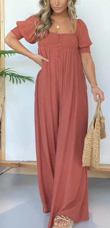 Plus Size Solid Color Puff Sleeve Ruched Jumpsuit