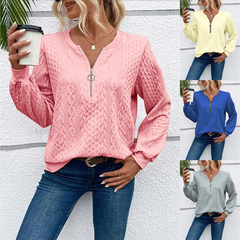 Women's Casual Pullover Sweatshirt with Zip and Crew Neck Long Sleeve