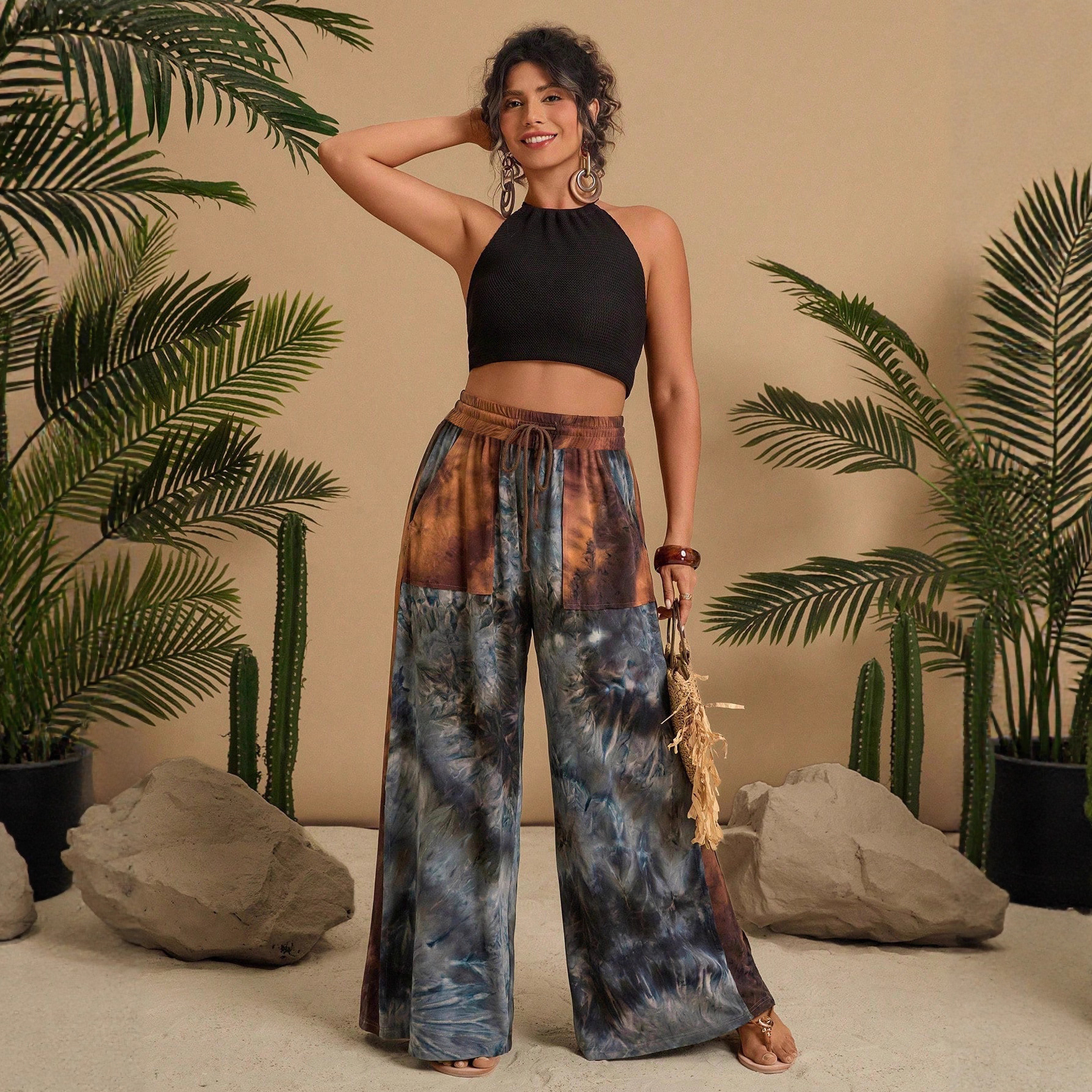 Bohemian Print High-Waist Wide-Leg Pants Gray Patchwork