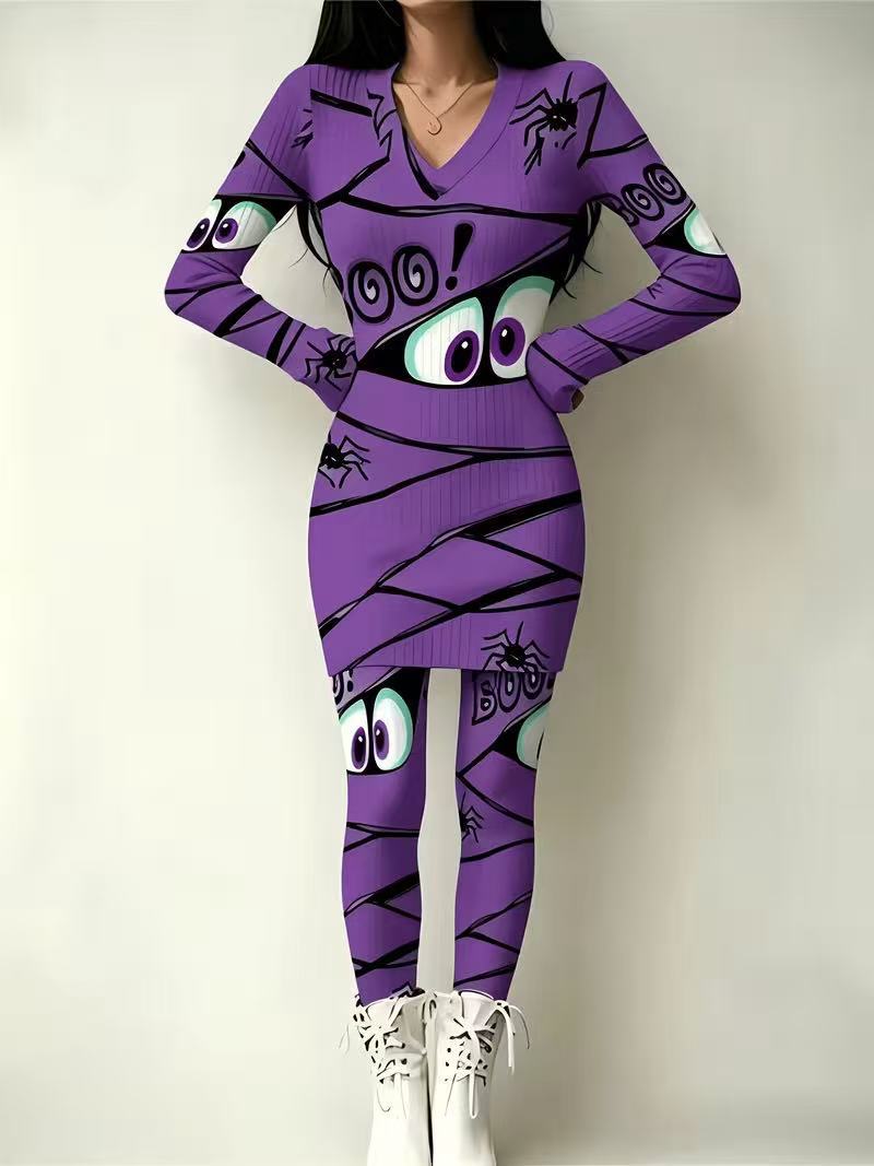 Anime Eye Print Long Sleeve Bodycon Top and Skirt Set