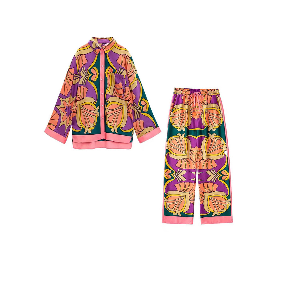 Women's Green Floral Print Long Sleeve Shirt and Skirt Set