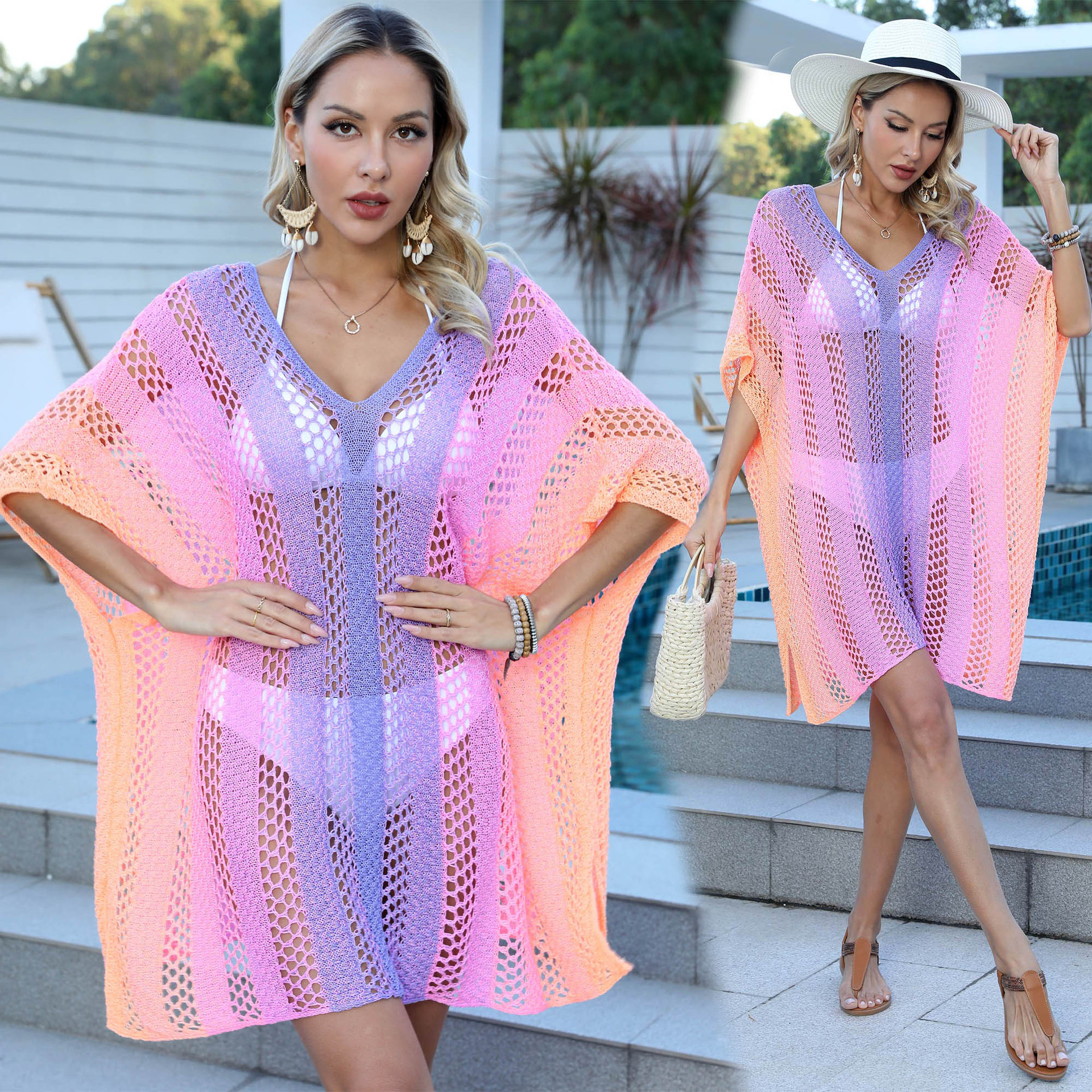 Gradient Hollow-Out Knit Beach Cover-Up Dress