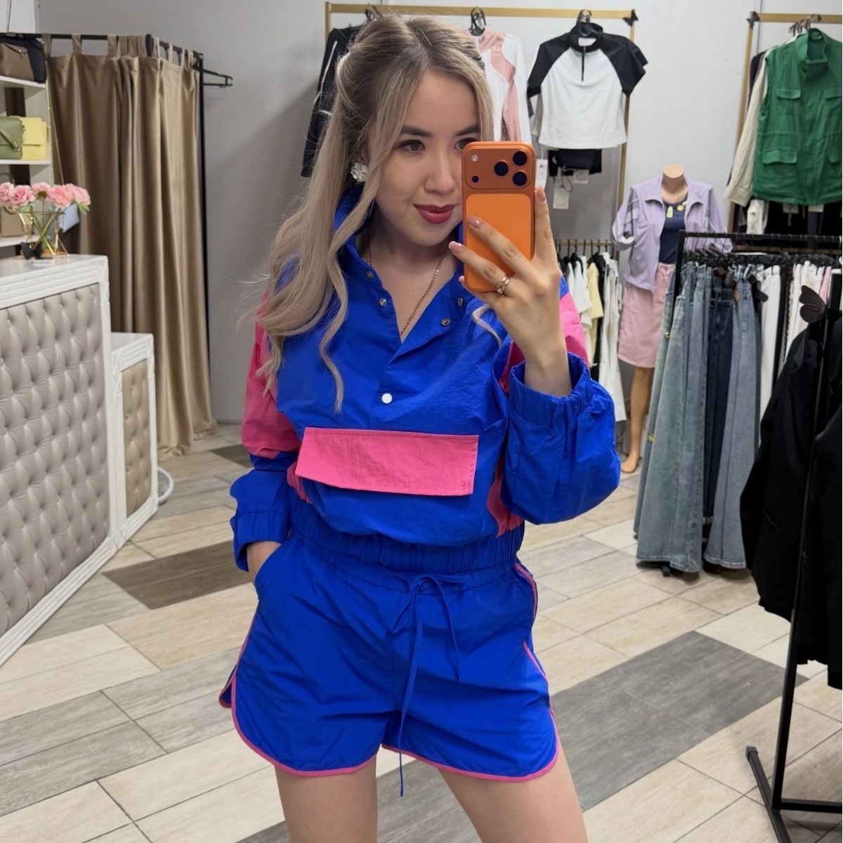 Colorblock Two-Piece Lightweight Stand Collar Drawstring Jacket and Elastic Waist Shorts Set