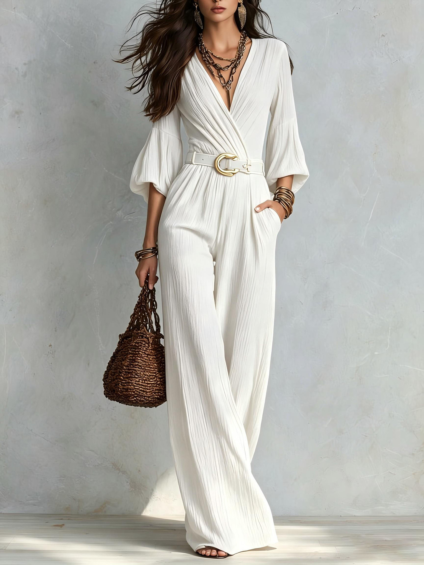 Puff Sleeve High-Waist Wide-Leg Jumpsuit with Belt