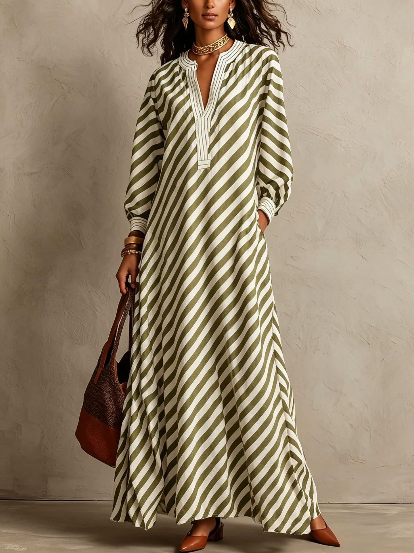 V-Neck Striped Loose Long Dress