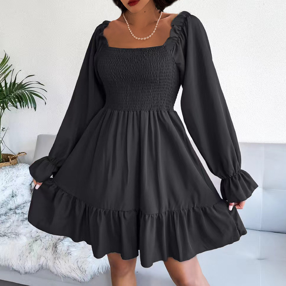 Square Neck Bell Sleeve Ruffle A-Line Midi Dress