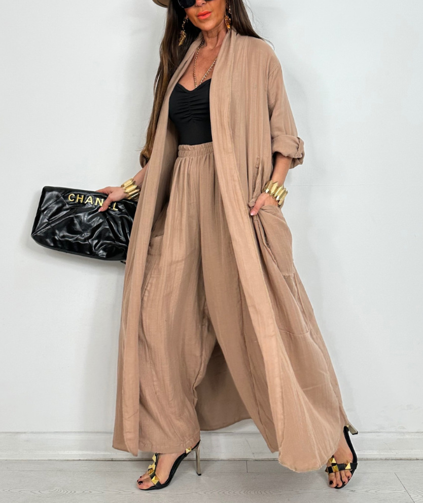 Women's Solid Color Open-Front Long Cardigan Shirt Casual Set