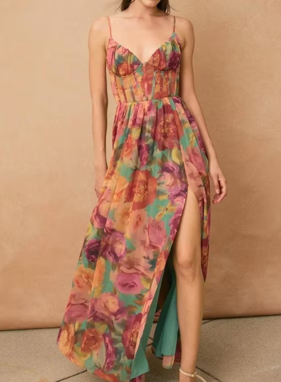 Retro Floral V-Neck High-Slit Cami Maxi Dress
