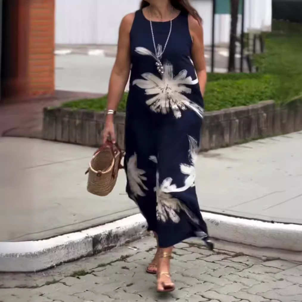 Floral Print Round Neck Sleeveless Pocket Maxi Dress