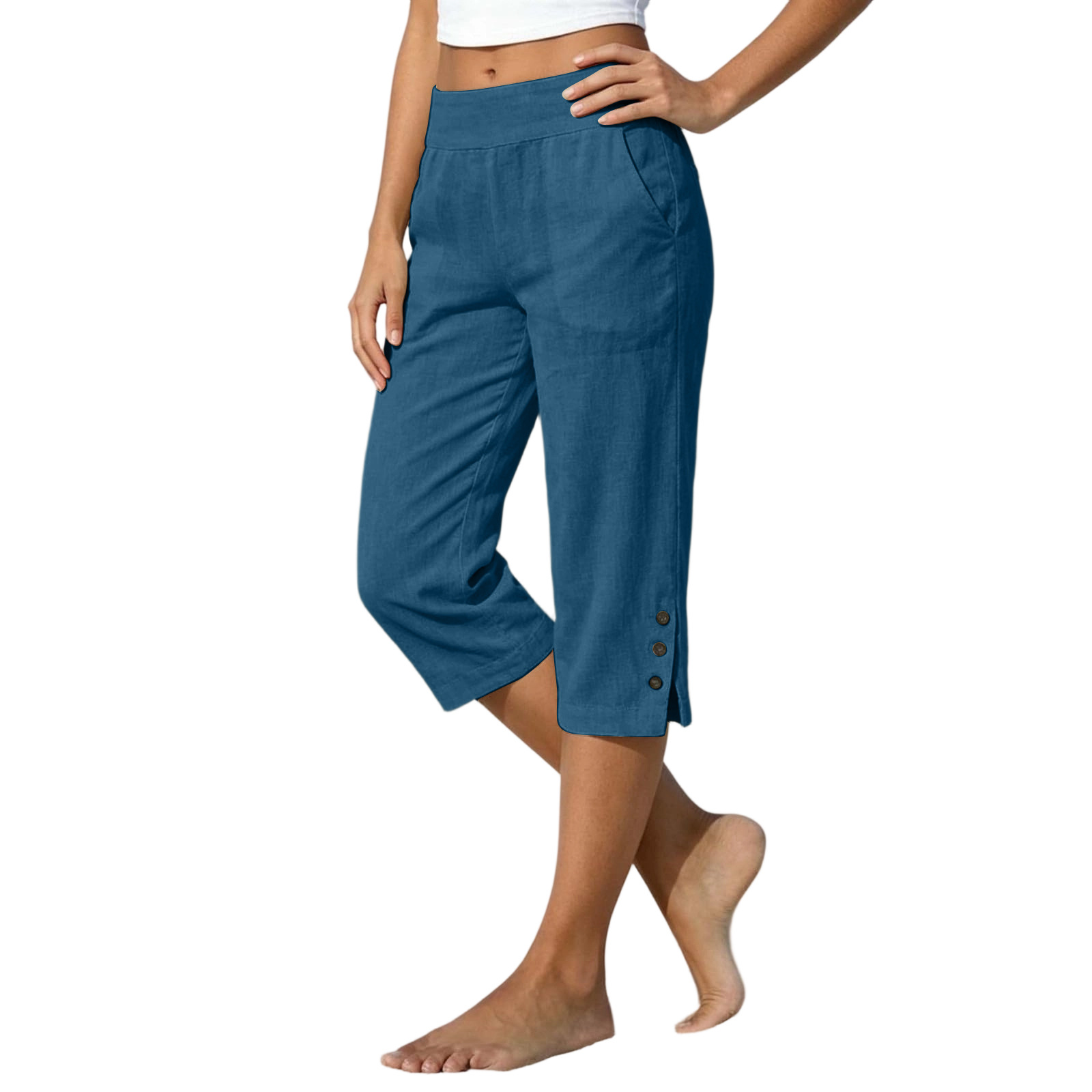 2026 Summer Women's Cotton-Linen Capri Pants High Waist Loose Straight Leg Slit Button Casual Pants Cross-Border Women's