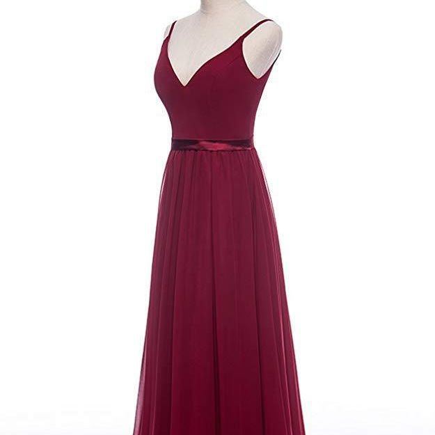 Chiffon V-Neck Long Bridesmaid Dress with Spaghetti Straps
