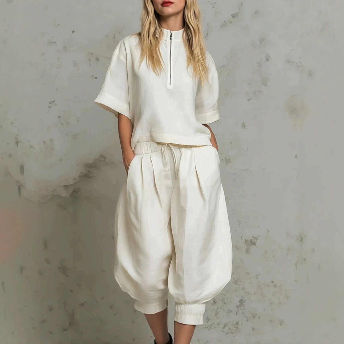 Women's Short Sleeve Two-Piece Set with Wide-Leg Pants