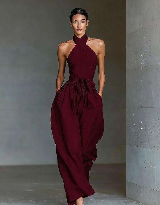Sleeveless Halter Tie Solid Color Pocket Jumpsuit Long Pants
