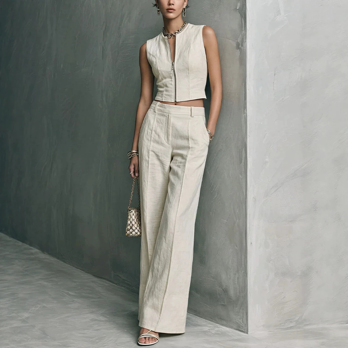 Women's Sleeveless Top and Straight-Leg Pants Set Casual Elegant