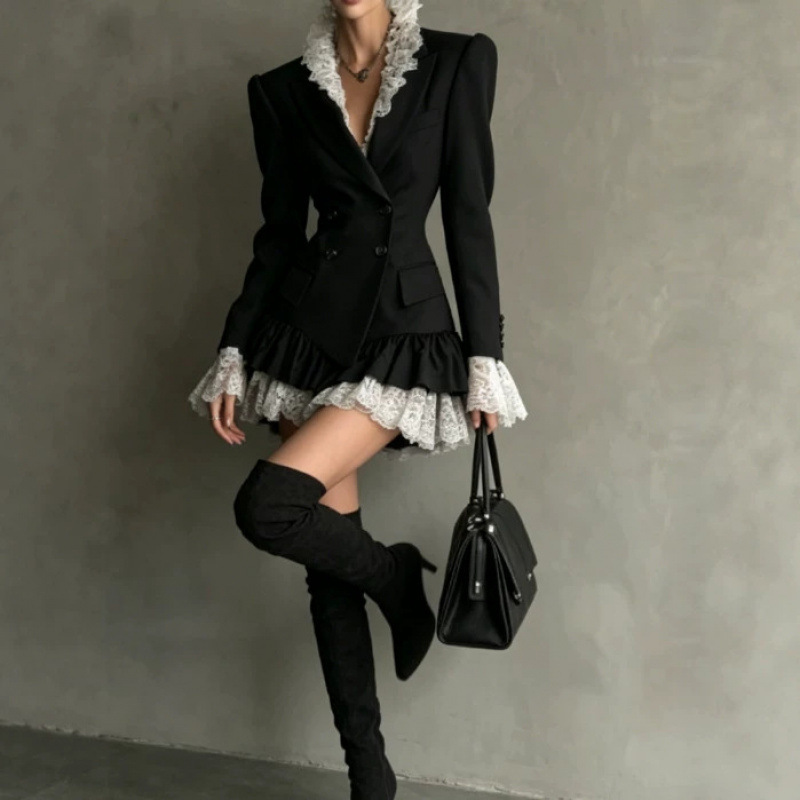 Women's Color-Block Long-Sleeve A-Line Dress with Suit Collar
