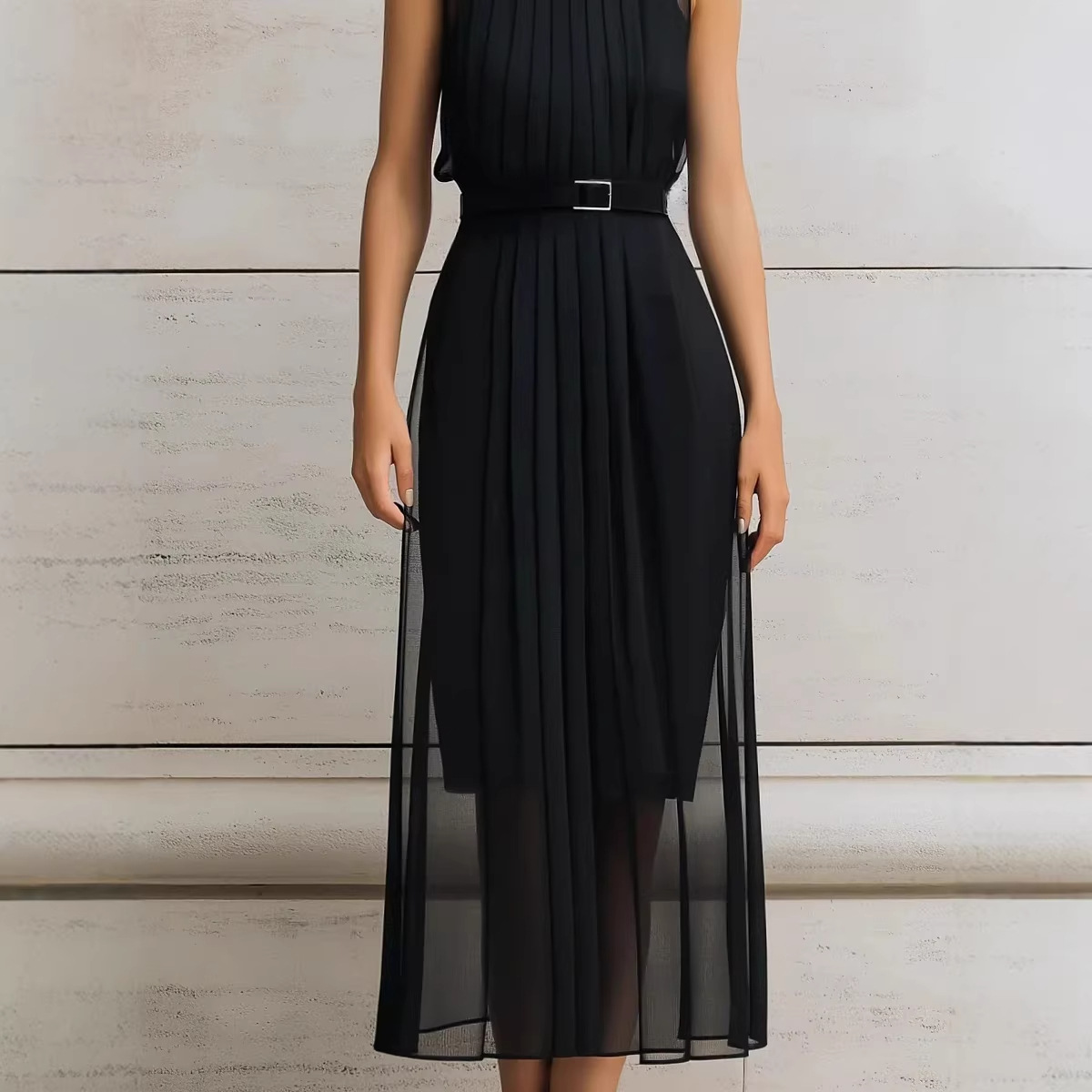 Black High Neck Sleeveless Mesh Panel Bodycon Midi Dress