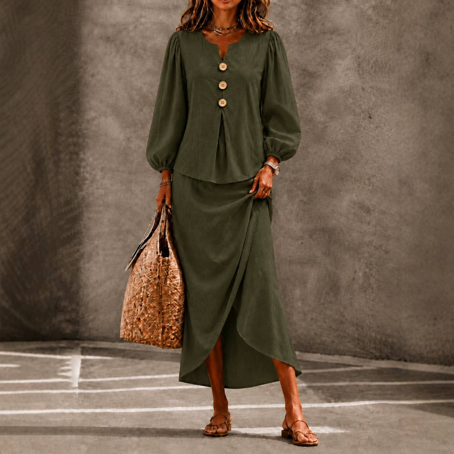 Women's Two-Piece Set with Round-Neck Button Top and Lantern Sleeves, Long Skirt