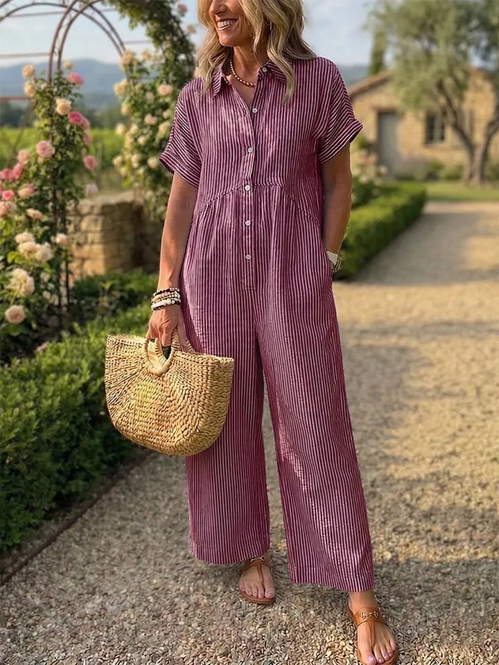 Striped Collared Button-Front Wide-Leg Jumpsuit for Women Summer Vacation
