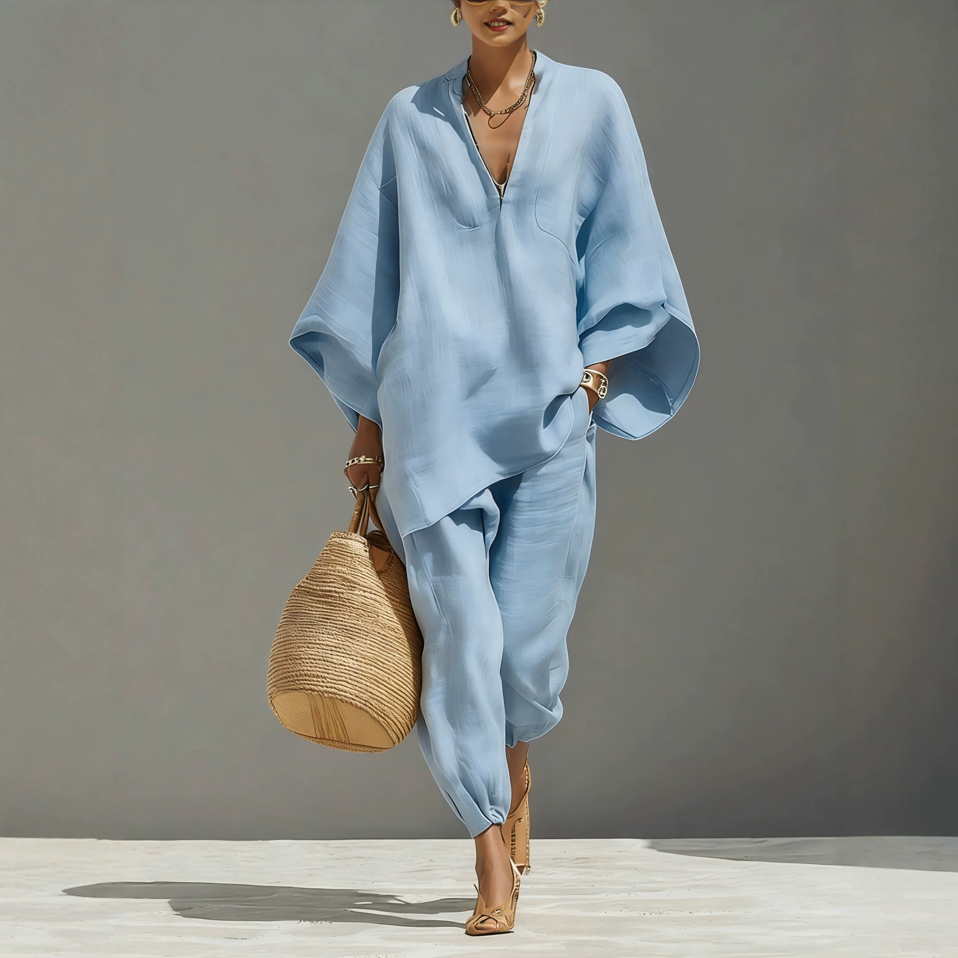 Women's Batwing Sleeve V-Neck Relaxed Two-Piece Set