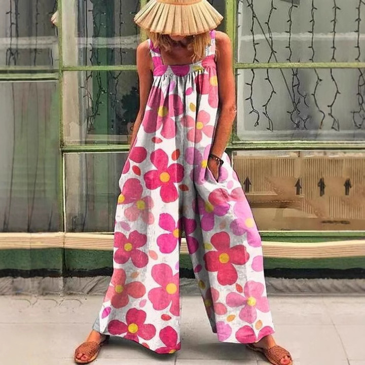 Women's Plus Size Floral Print Wide-Leg Jumpsuit with Straps