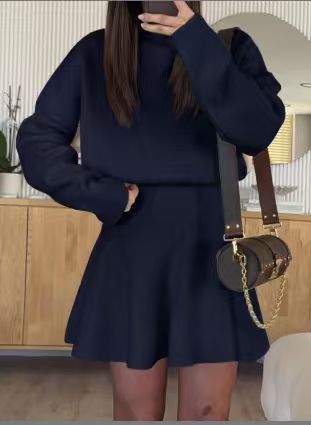 Women's Casual Two-Piece Sweater Skirt Set Stand Collar Long Sleeve