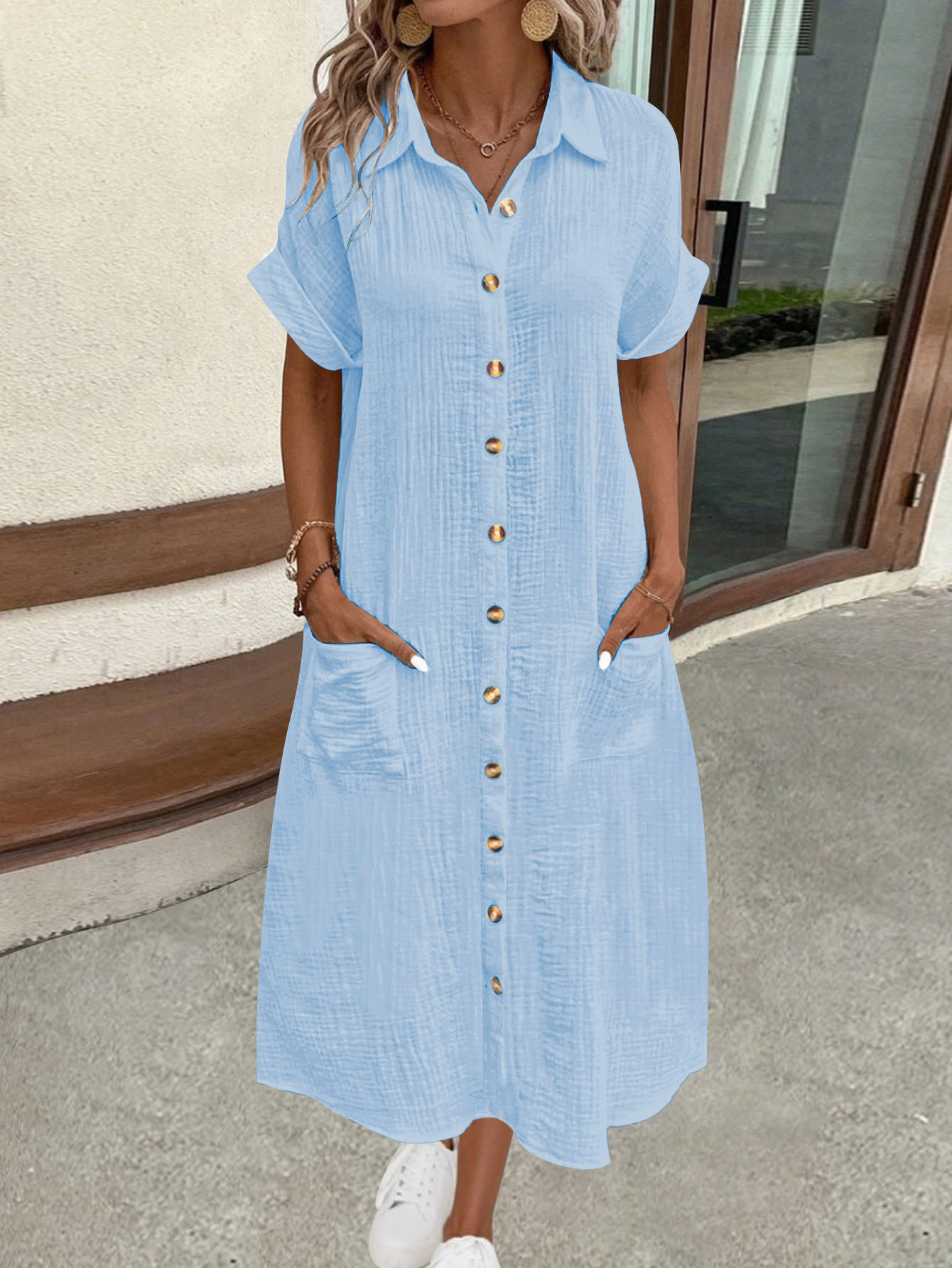 Women's Short Sleeve Long Shirt Dress Solid Color Casual