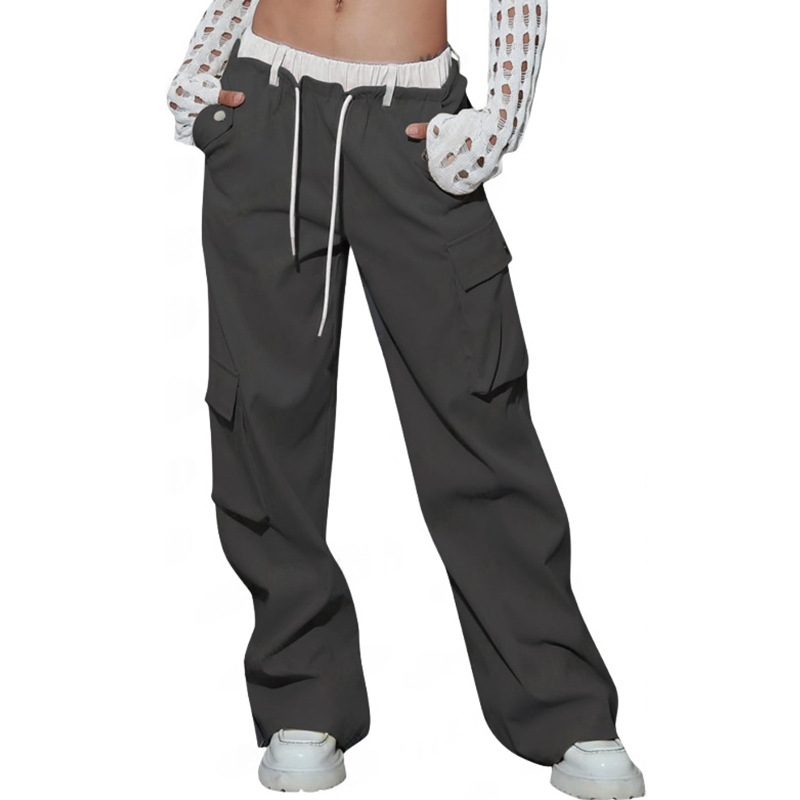 Drawstring Wide-Leg Cargo Pants with Color-Block Multi-Pockets