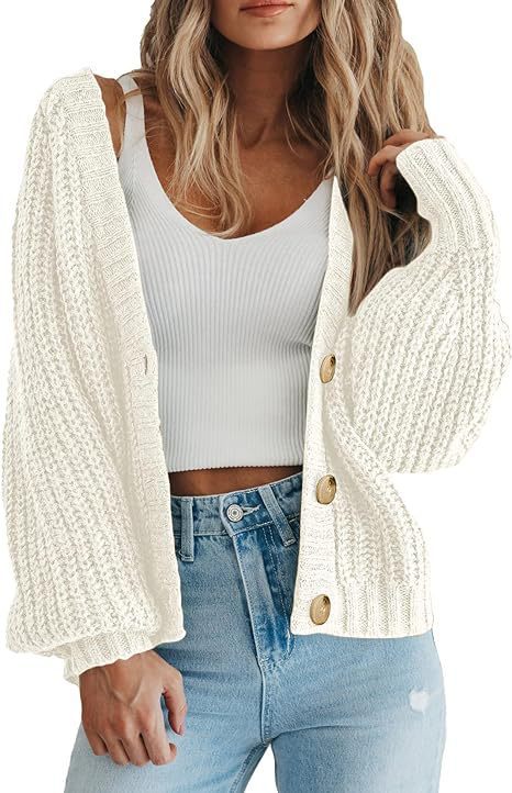 Women's Loose Knit Cardigan Sweater with Lantern Sleeves