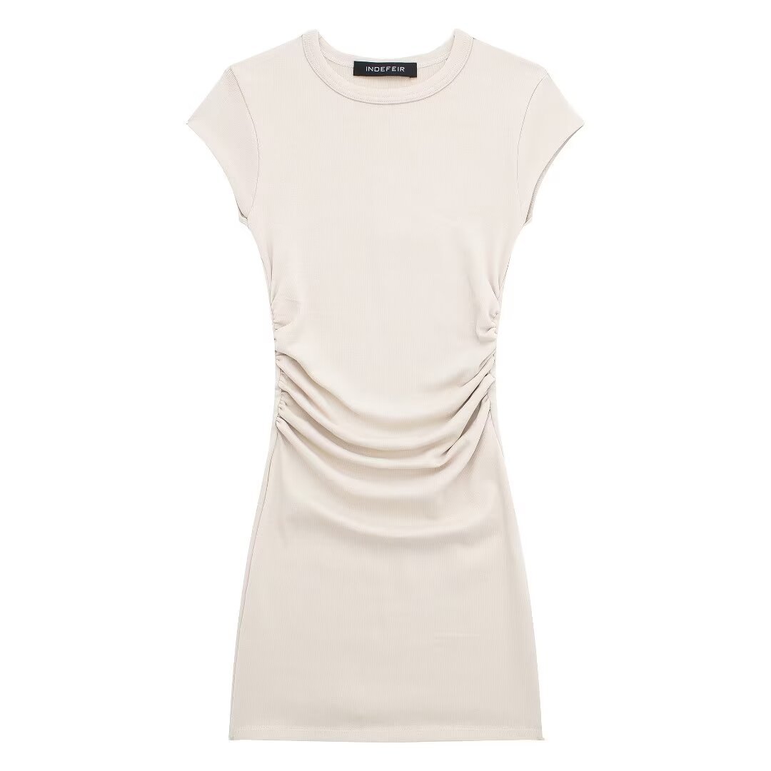 Women's Ruched Ribbed Bodycon Dress with 3D Detail