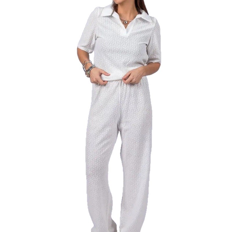 Women's Solid Color Lapel Short Sleeve Top and Wide Leg Pants Set