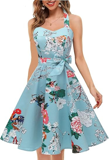 Women's Summer Halter Neck Sleeveless Floral Print Vintage Maxi Dress