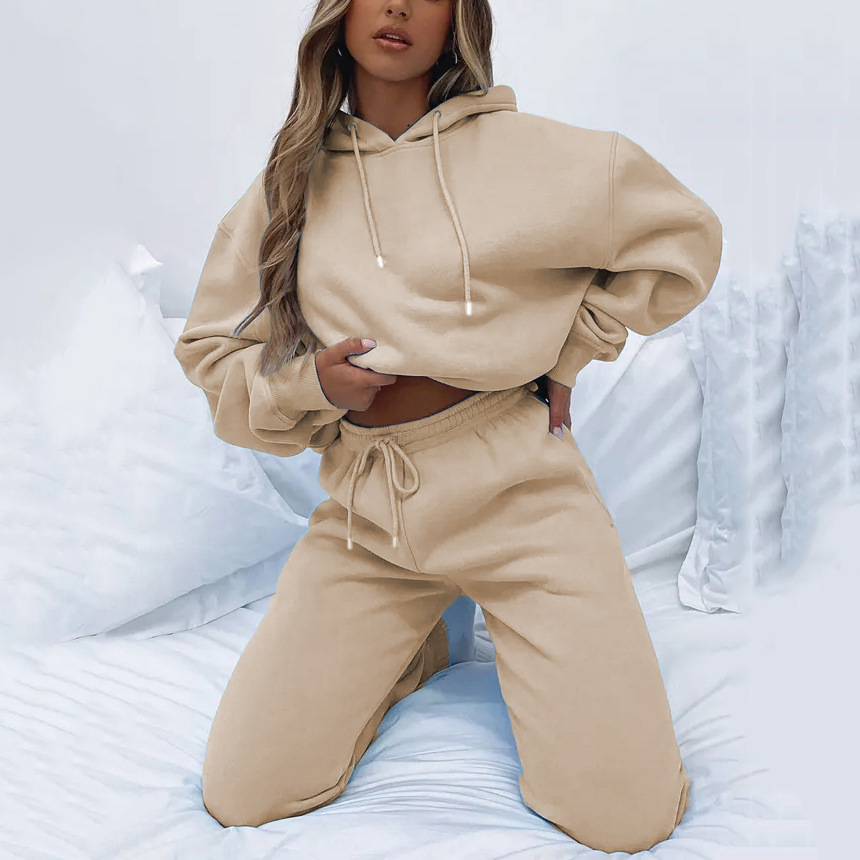 Women's Solid Hooded Long Sleeve Sweatshirt and Pants Set with Pockets