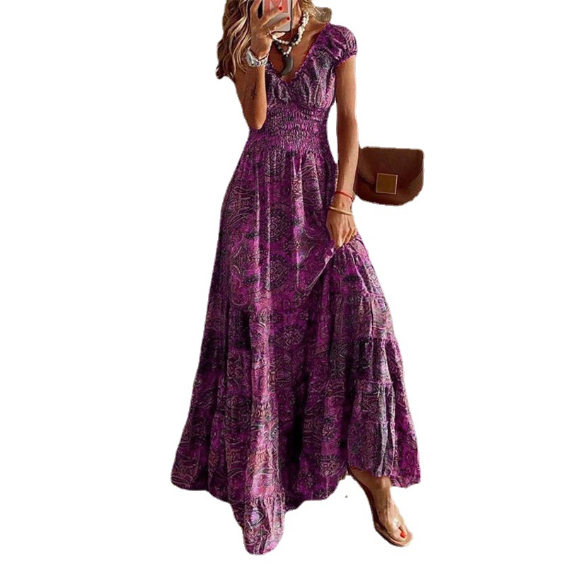 Bohemian V-Neck Floral Print High-Waist Maxi Dress