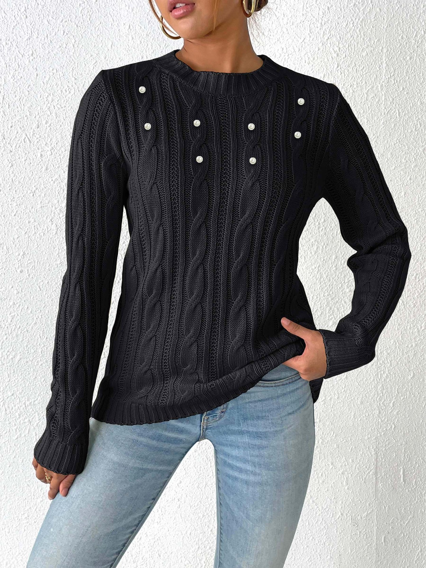 Women's Pearl Beaded Crewneck Knit Pullover Sweater