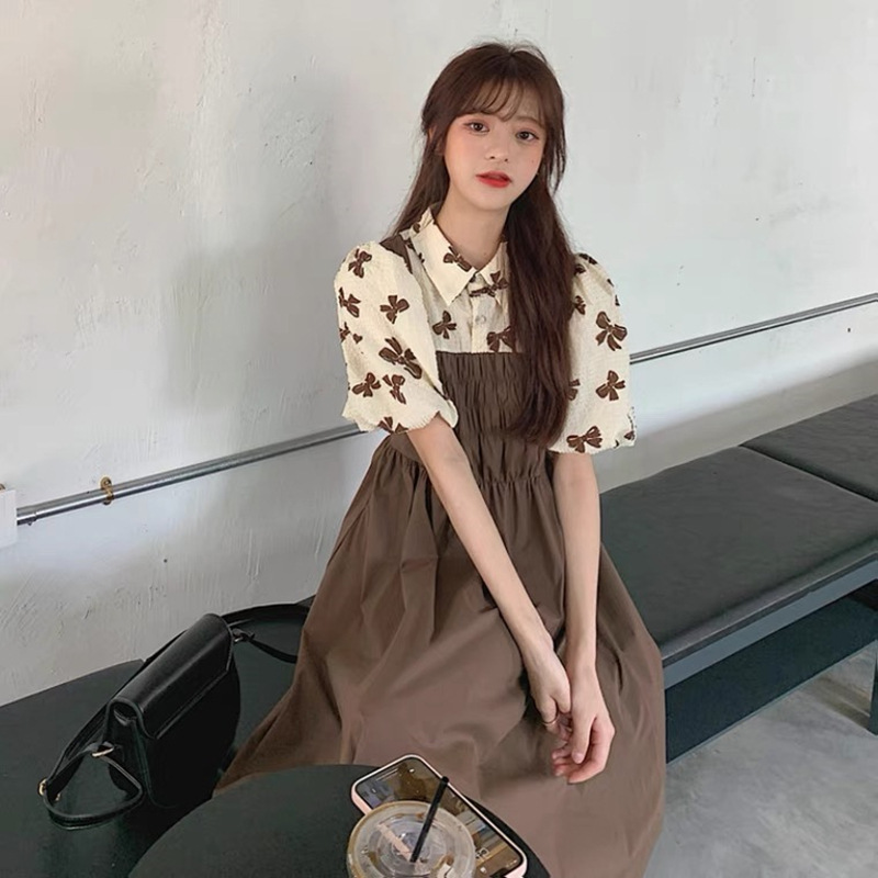 Floral Print A-Line Midi Dress with Polo Collar and Puff Sleeves