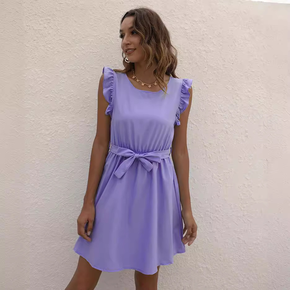 Women's Summer Solid Color Round Neck Tie-Waist Dress