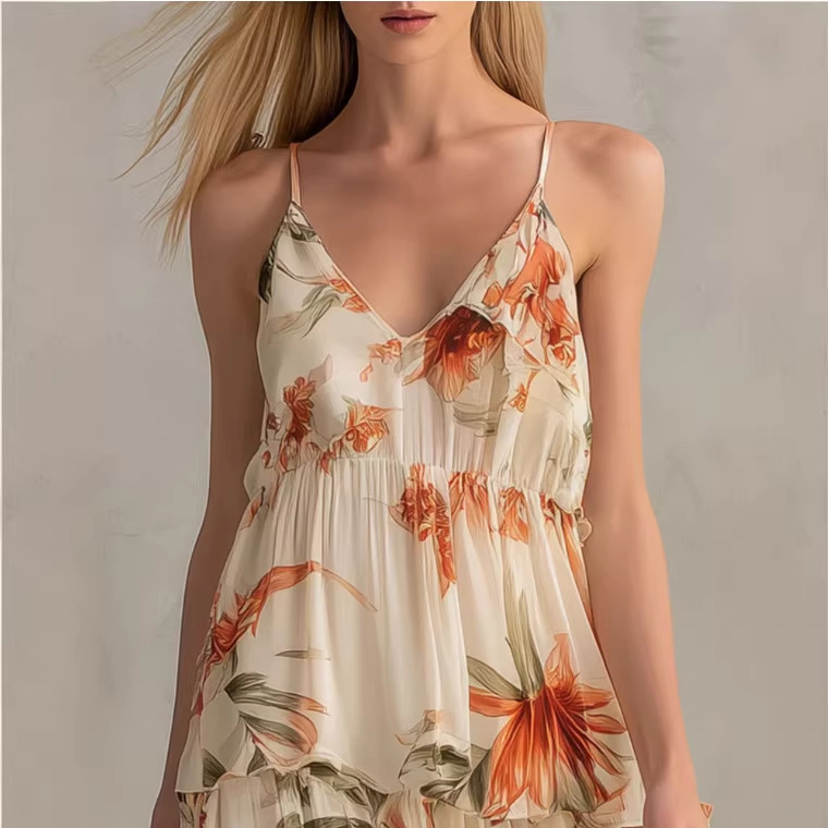 Retro Floral Print Ruffle V-Neck Chiffon Long Dress in Off-White