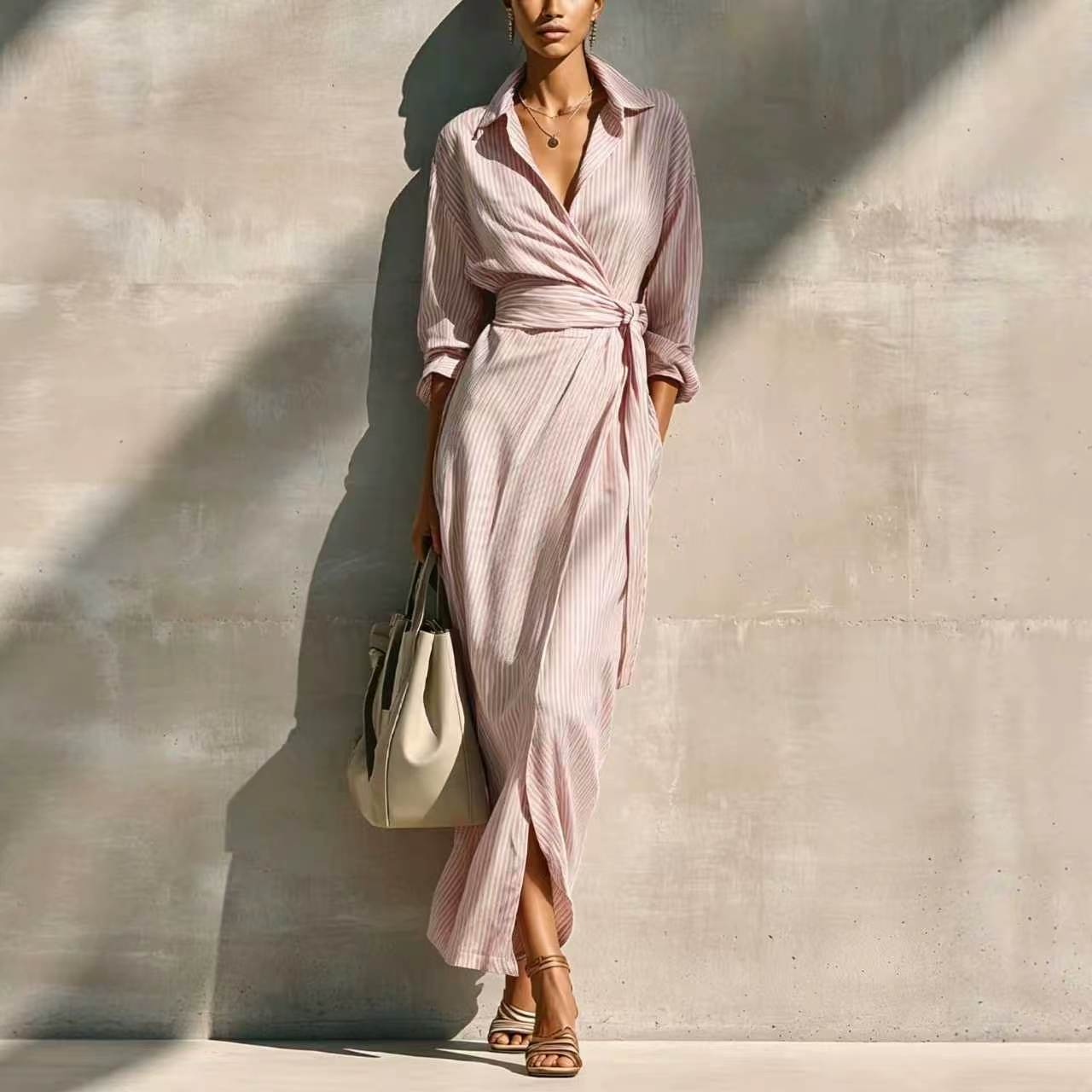 Striped Collared Waist-Tie Long Shirt Dress