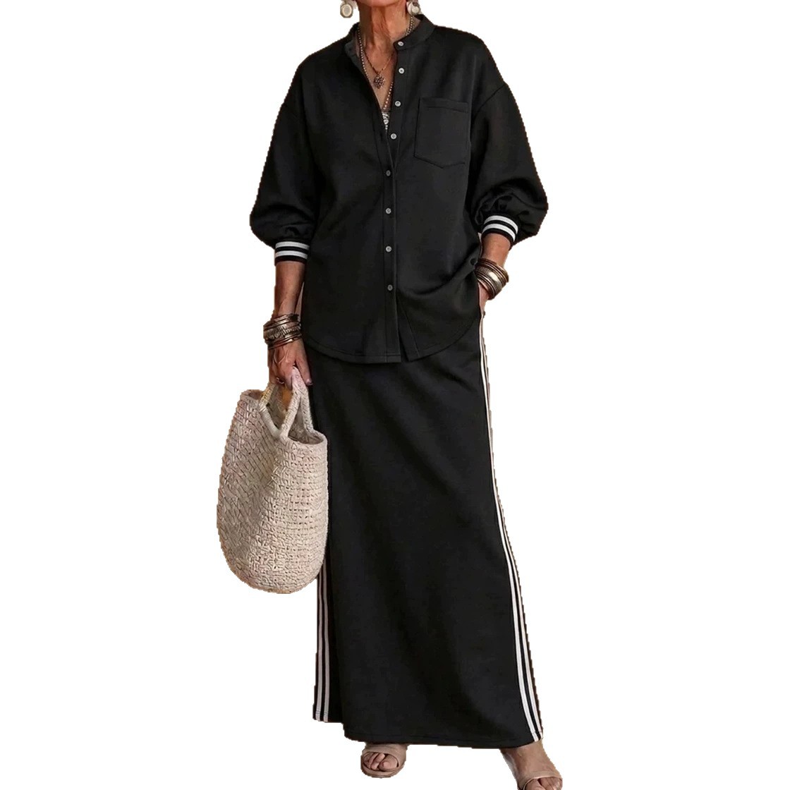Women's Button-Up Collared Shirt and Striped Midi Skirt Two-Piece Set
