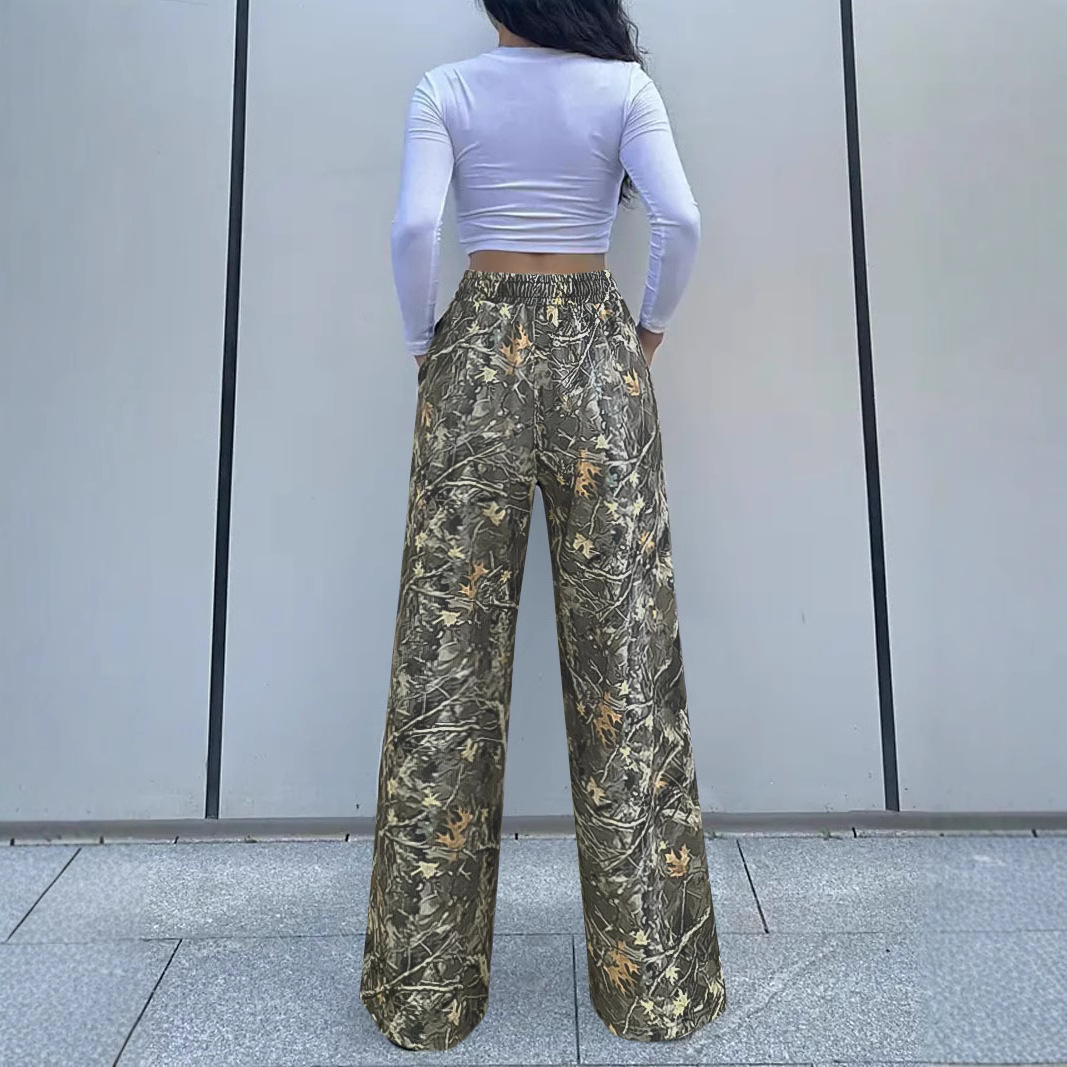 Women's Camo Print Wide-Leg Pants Elastic Waist Casual