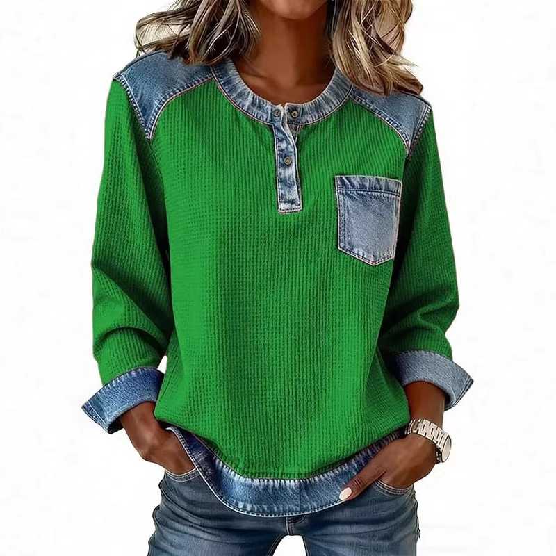 Faux Denim Patchwork Button Pocket Long Sleeve Crewneck Top