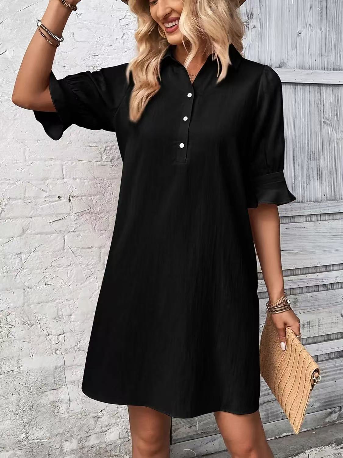 Women's Casual Loose Solid Color A-Line Dress with Collar and Buttons