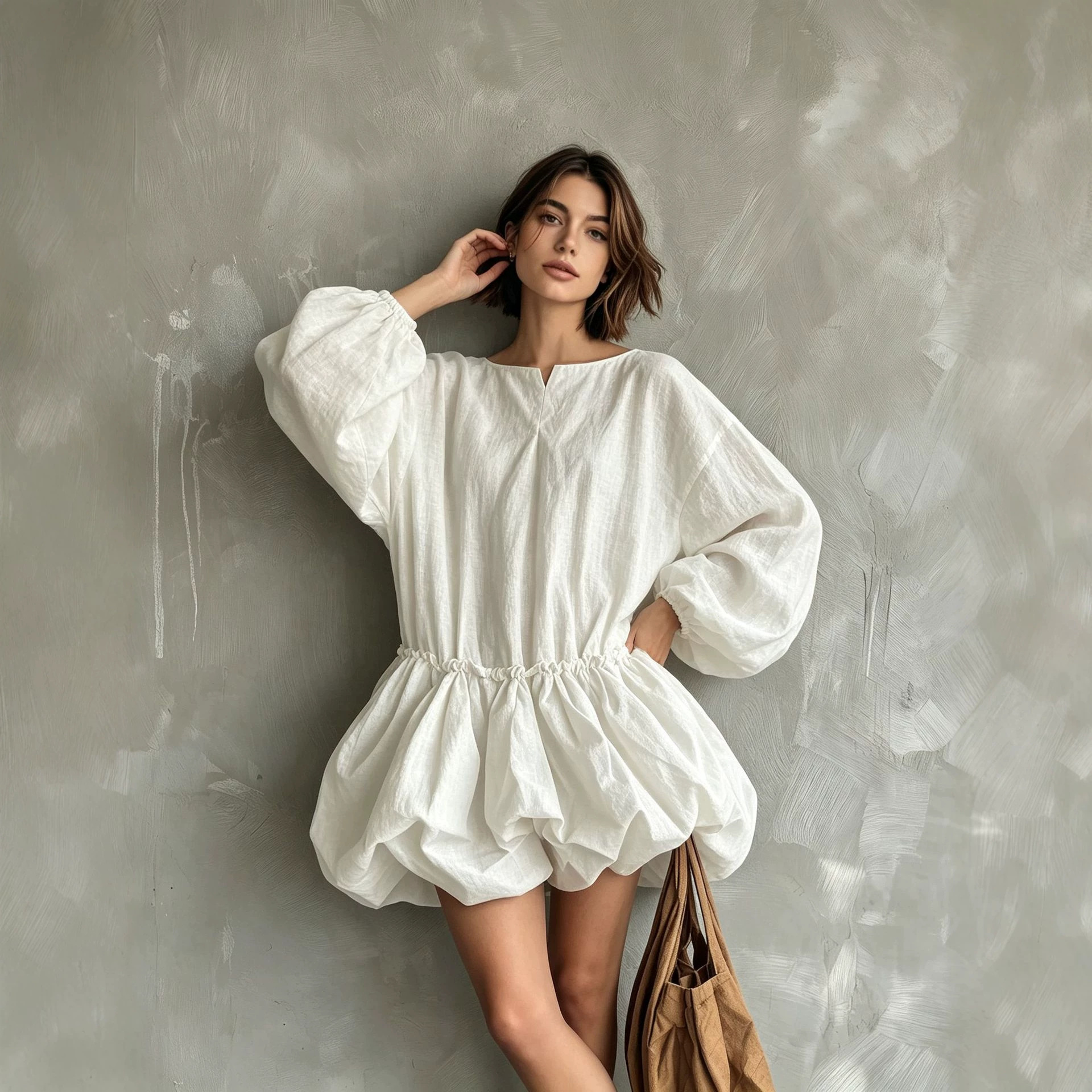 Solid Crewneck Puff Sleeve Long Sleeve Cinched Waist Bubble Dress