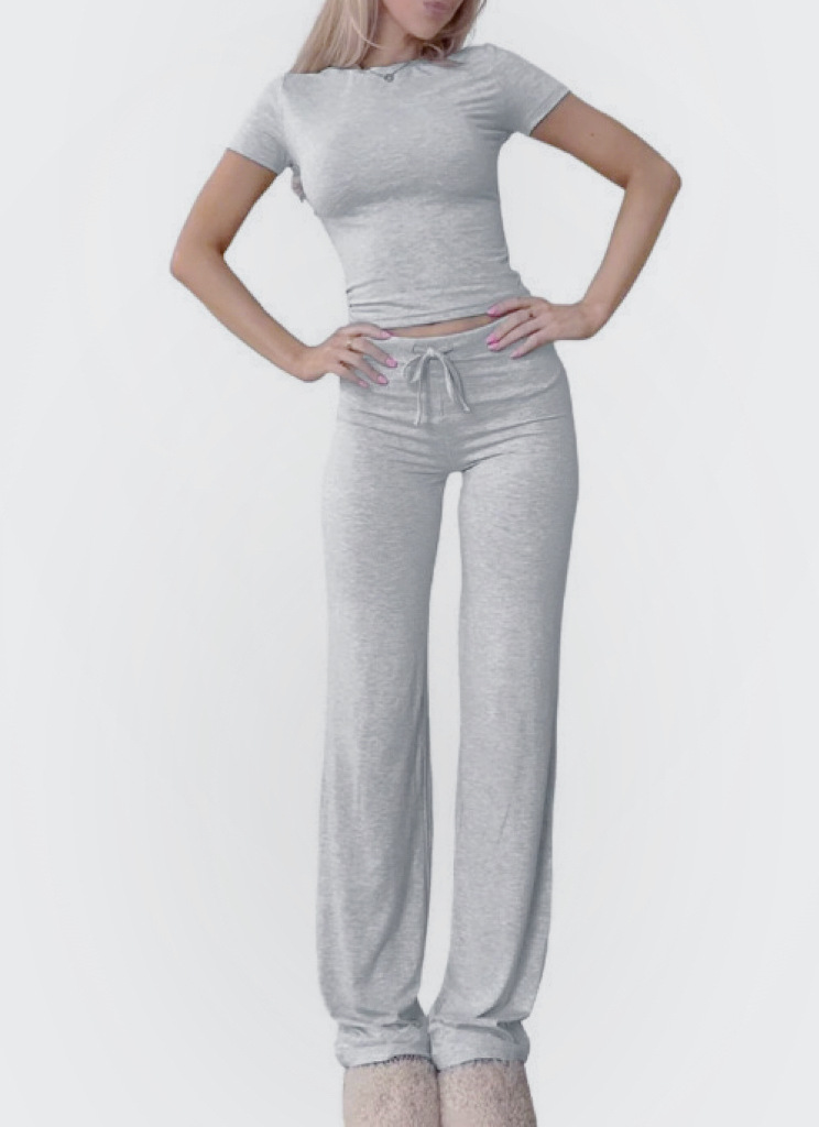 Women's Solid Color Long Pants and Short Sleeve T-Shirt Casual Two-Piece Set