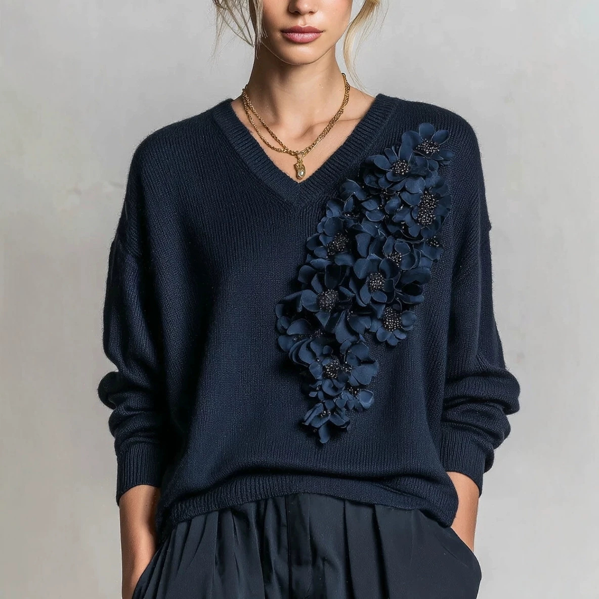 3D Floral V-Neck Knit Sweater