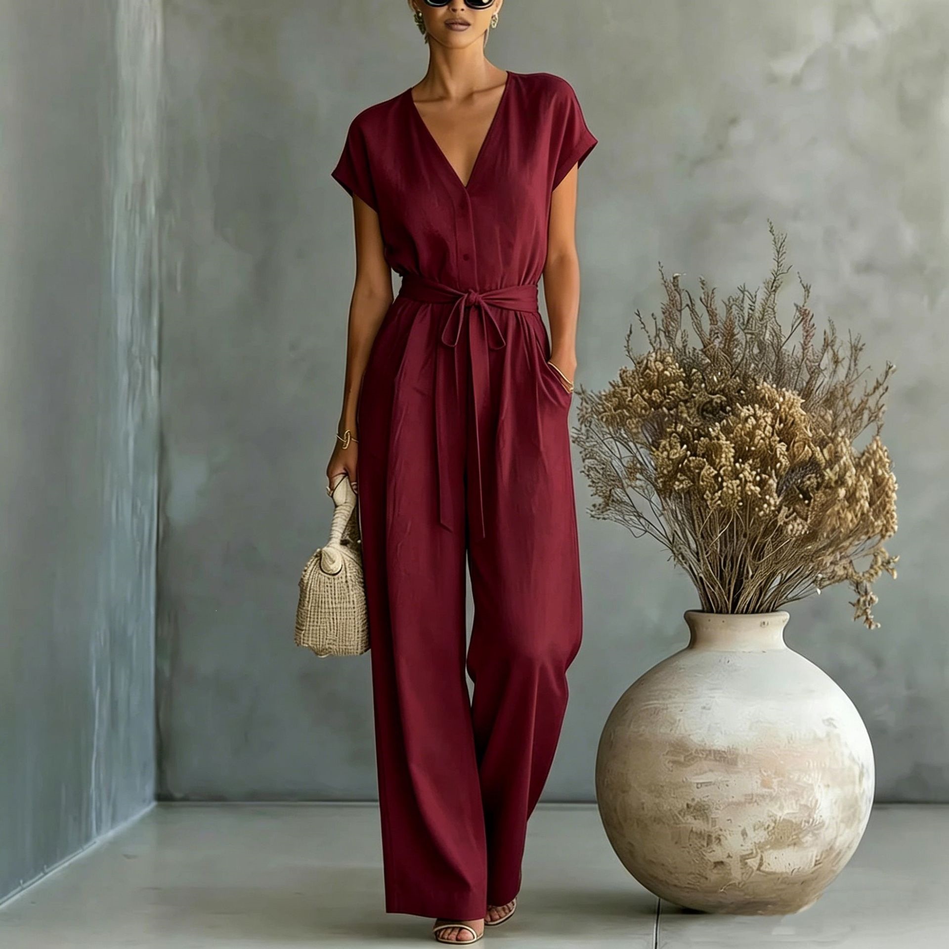 Solid Color Button-Front Belted V-Neck Jumpsuit with Pockets