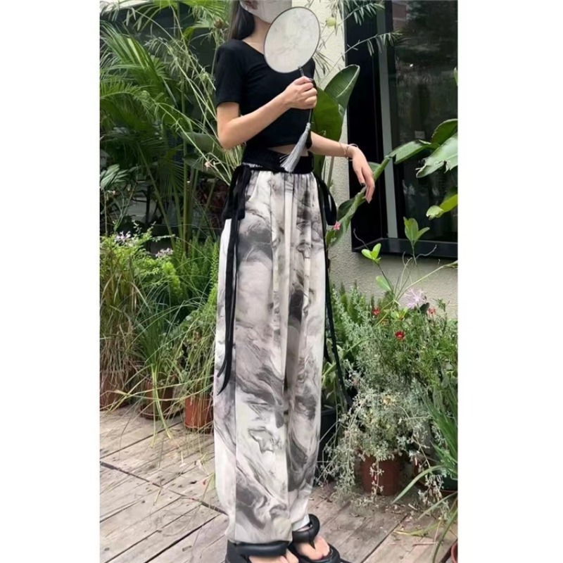 Women's New Chinese Style Ice Silk Chiffon Wide-Leg Pants Ink Wash Straight-Leg