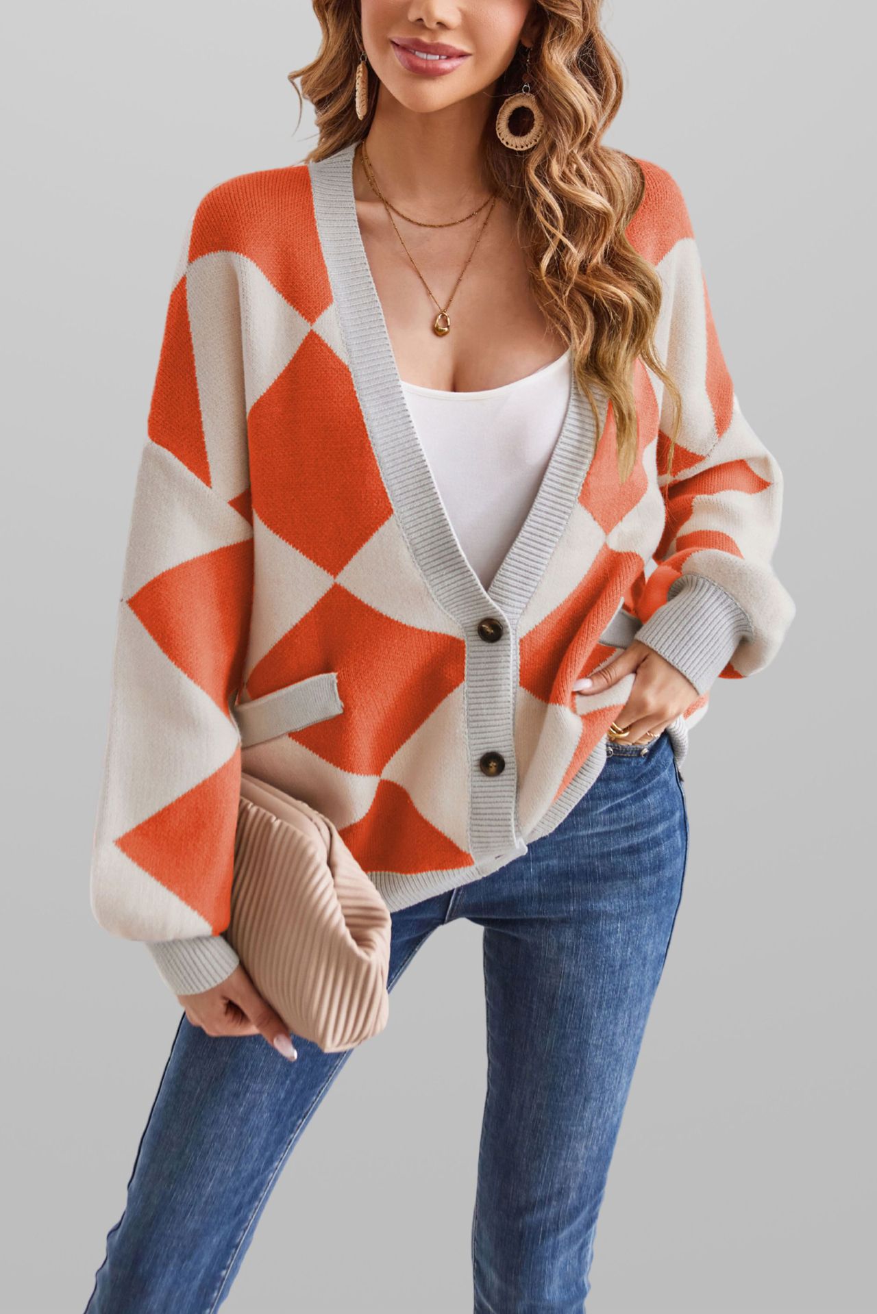 V-Neck Argyle Color-Block Loose Knit Cardigan