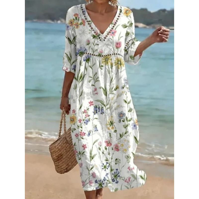 Women's Floral Print Pleated Midi Dress with Deep V-Neck and 3D Effect