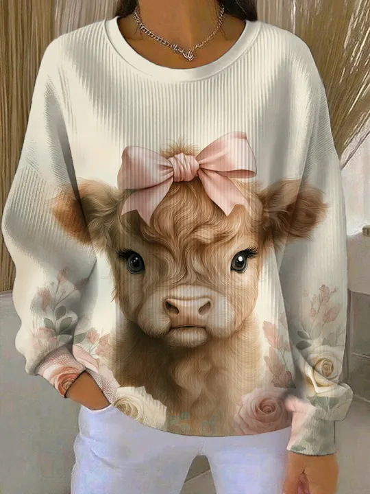 Women's Bull Head Print Crewneck Sweatshirt Casual Pullover